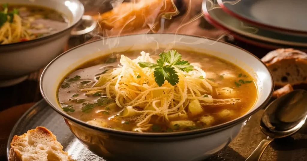 A steaming bowl of Italian pastina soup with fresh herbs and vegetables.