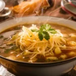 A steaming bowl of Italian pastina soup with fresh herbs and vegetables.