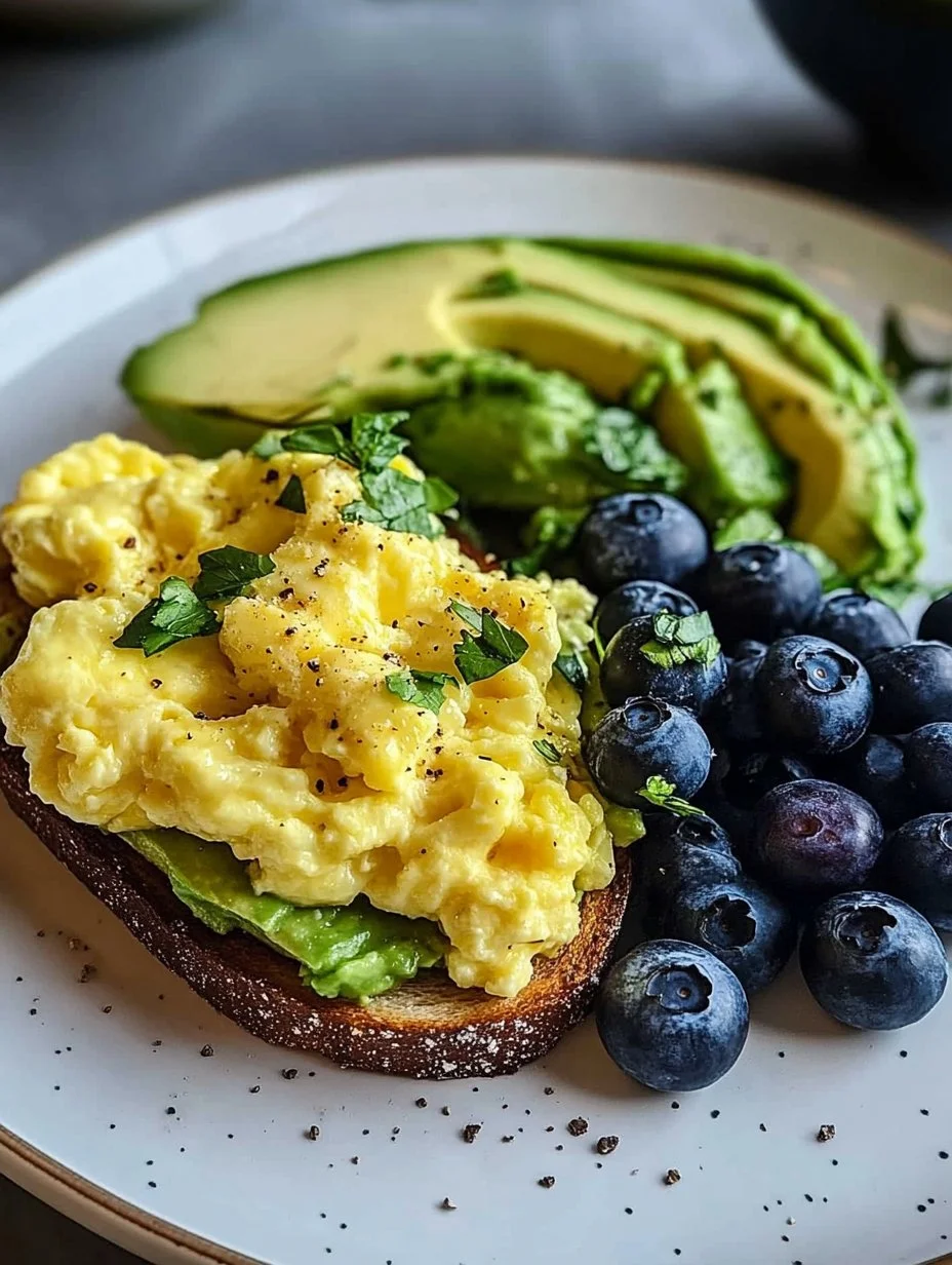 Avocado Toast & Scrambled Eggs with Blueberries
