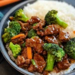 Delicious Chinese Beef Broccoli Stir-Fry with steamed rice on a plate
