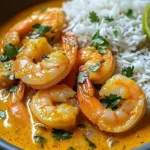 Delicious Coconut Shrimp Curry served with Jasmine Rice in a bowl