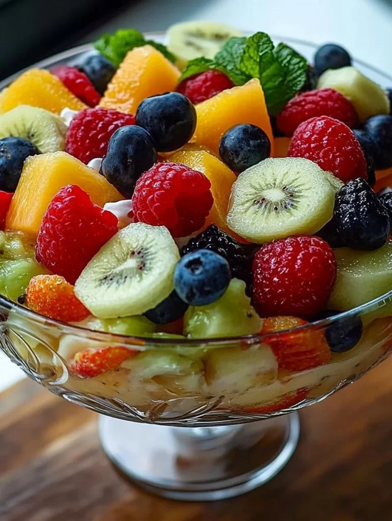 Colorful trifle fruit salad with a variety of fresh fruits layered in a glass bowl.