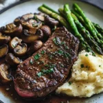 Gourmet Garlic Butter Steak with Asparagus, Mushrooms, and Rustic Mashed Potatoes