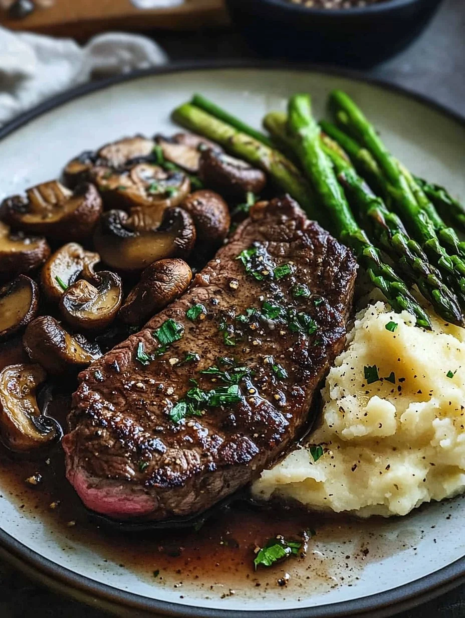 Garlic Butter Steak with Asparagus, Mushrooms & Rustic Mash