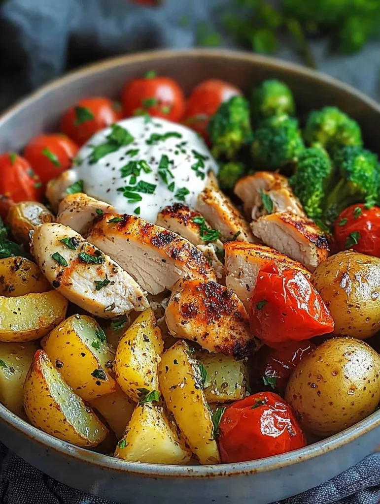 Herbed Potato & Chicken Veggie Bowl with colorful ingredients