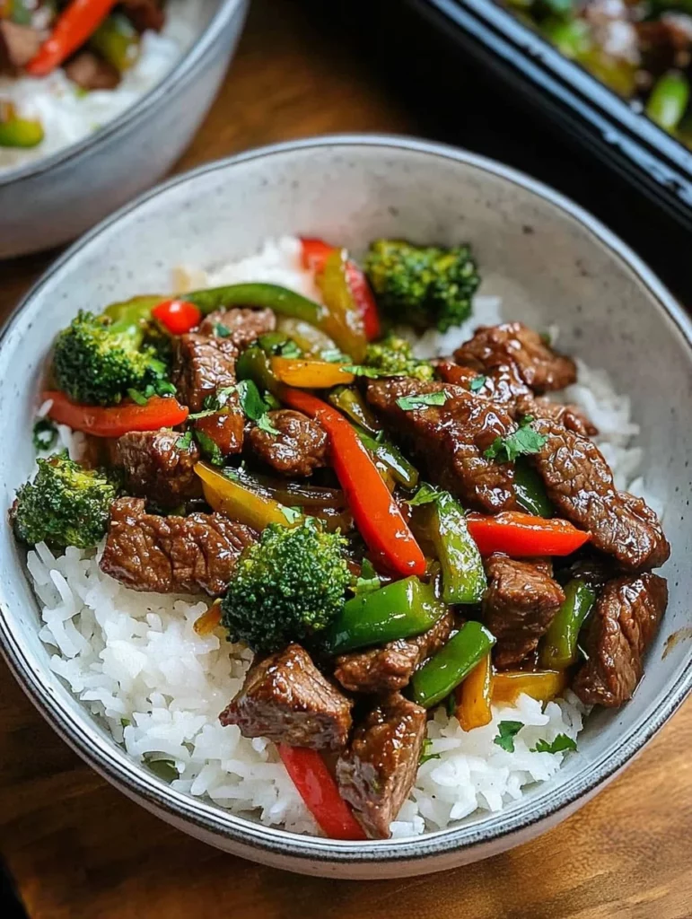 Meal prep beef stir-fry bowls served with jasmine rice for a healthy dinner option.