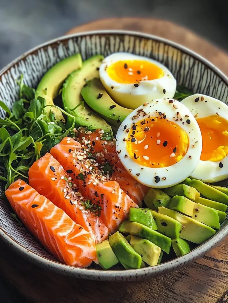 Omega Boost Salmon Bowl with avocado and soft-boiled eggs on a plate.