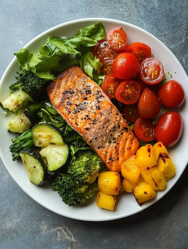 Simple salmon veggie plate with fresh vegetables served on a white plate