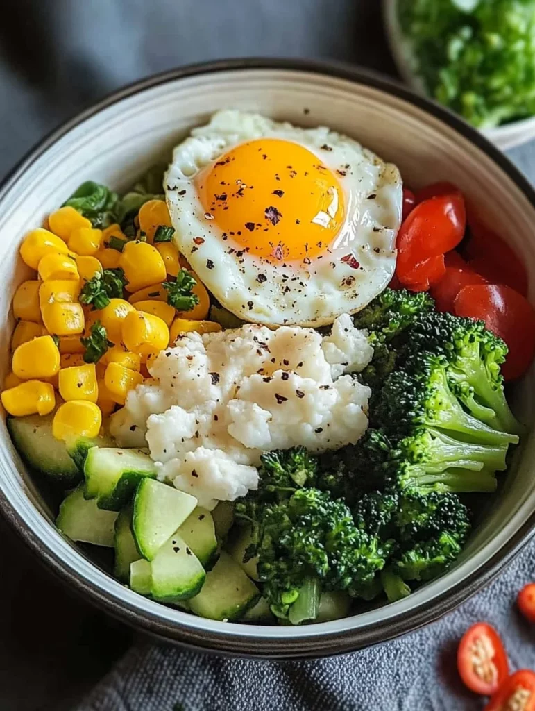 Steamed veggie egg bowl with colorful vegetables and a perfectly cooked egg