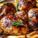 Plate of Apple Cider Chicken garnished with fresh herbs