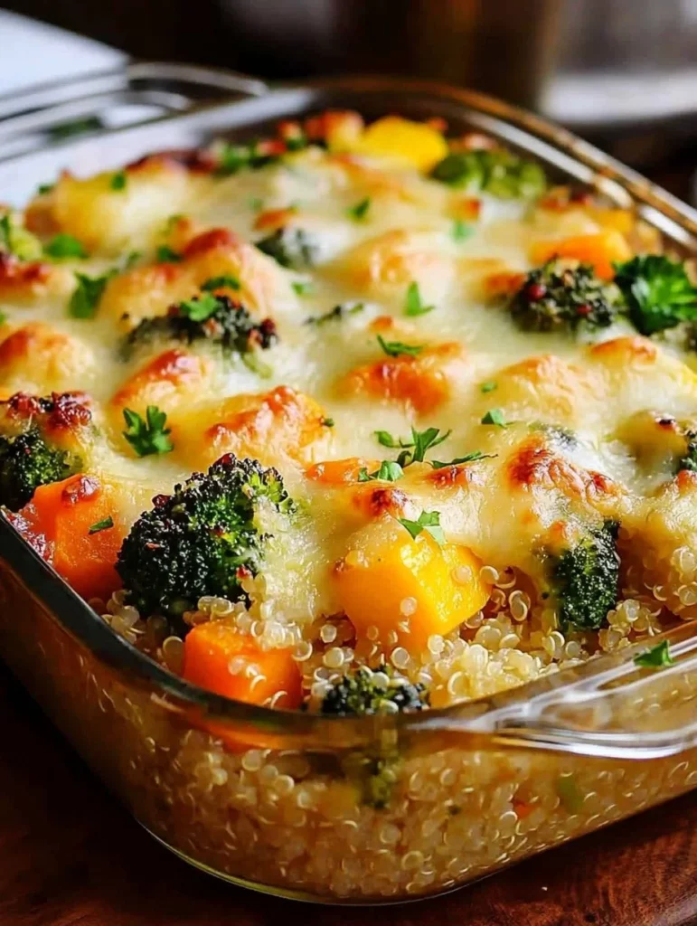 Cheesy Veggie Quinoa Casserole topped with melted cheese and fresh vegetables
