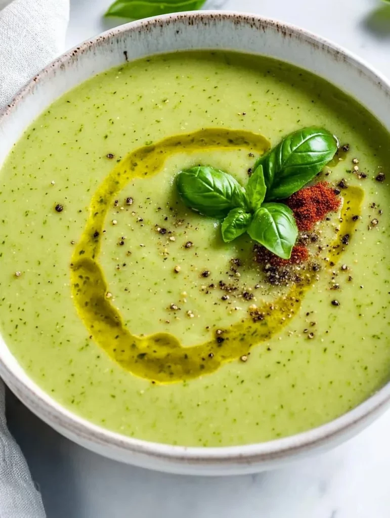 Bowl of creamy vegan zucchini soup garnished with fresh herbs